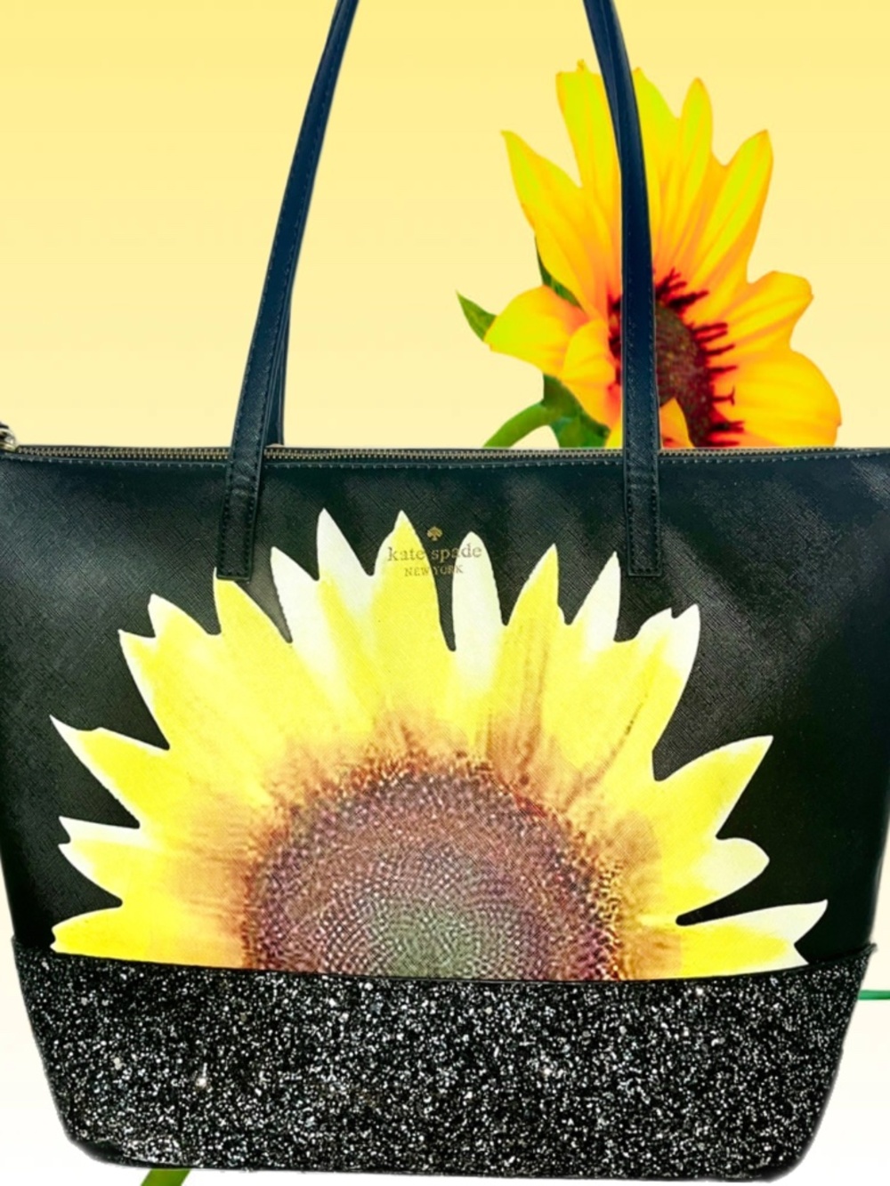 Kate Spade Black Sunflower Glitter Bottom Large Tote Bag Zip Top